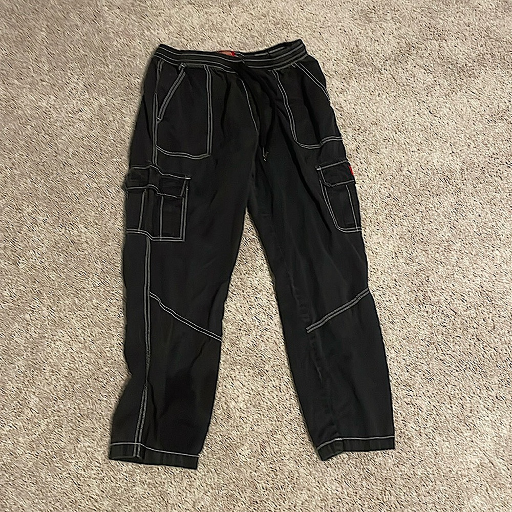 dickies woman black cargo pants white stitching